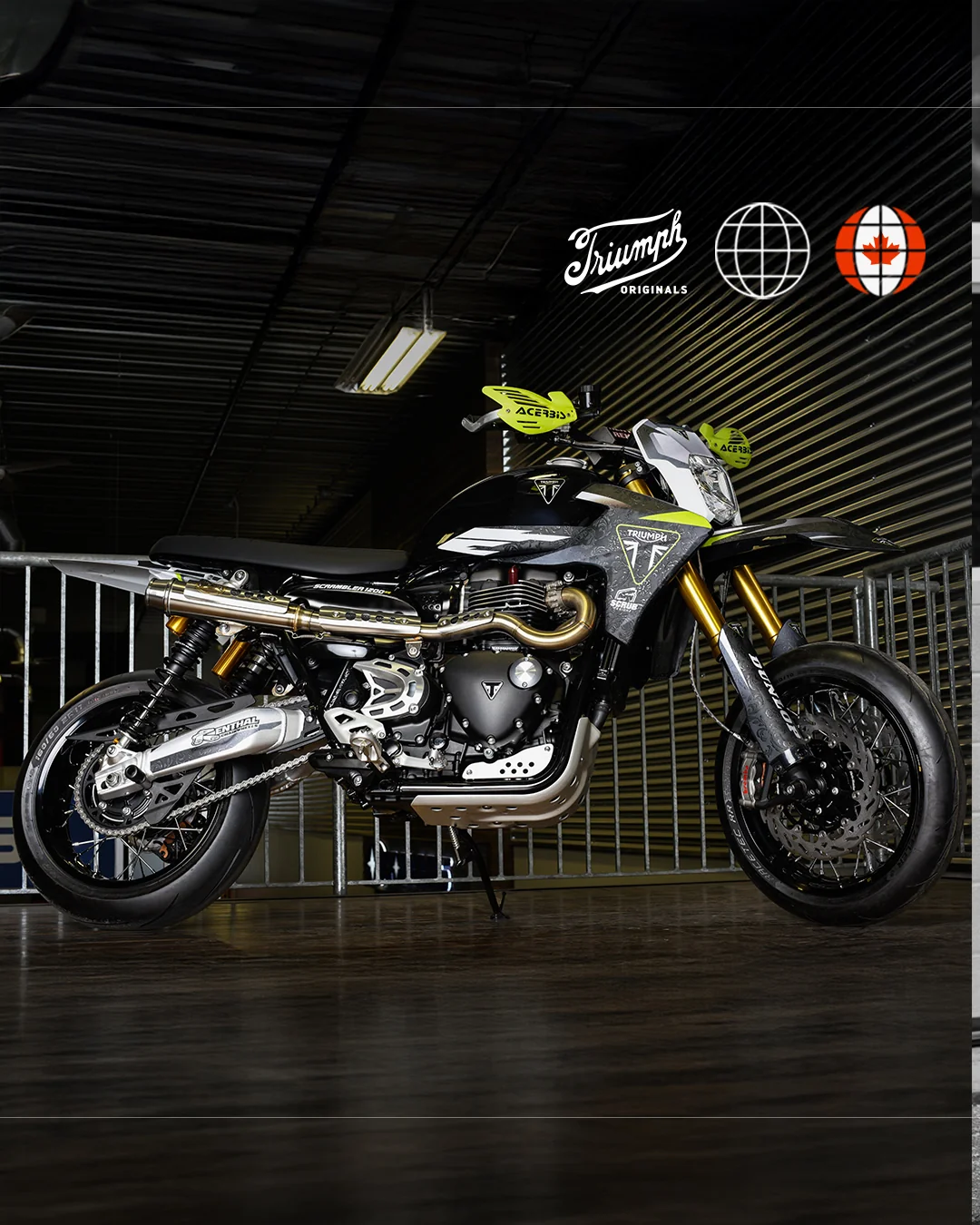 Scrambler 1200 convertida en supermoto por Motos Illimitées, negra con detalles amarillo neón
