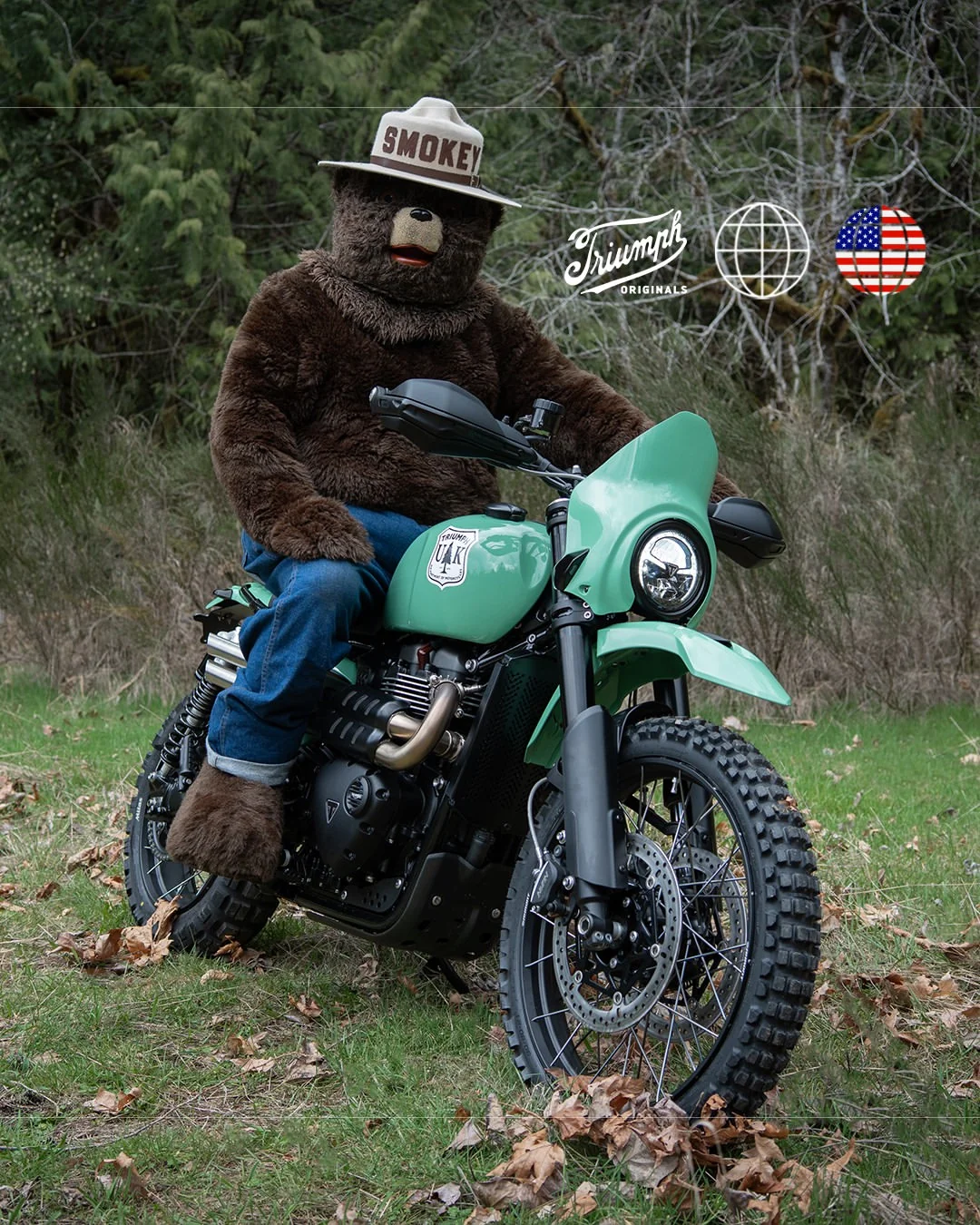 Scrambler verde de Triumph Columbia River con emblema del Servicio Forestal, montada por una persona disfrazada de oso guardabosques