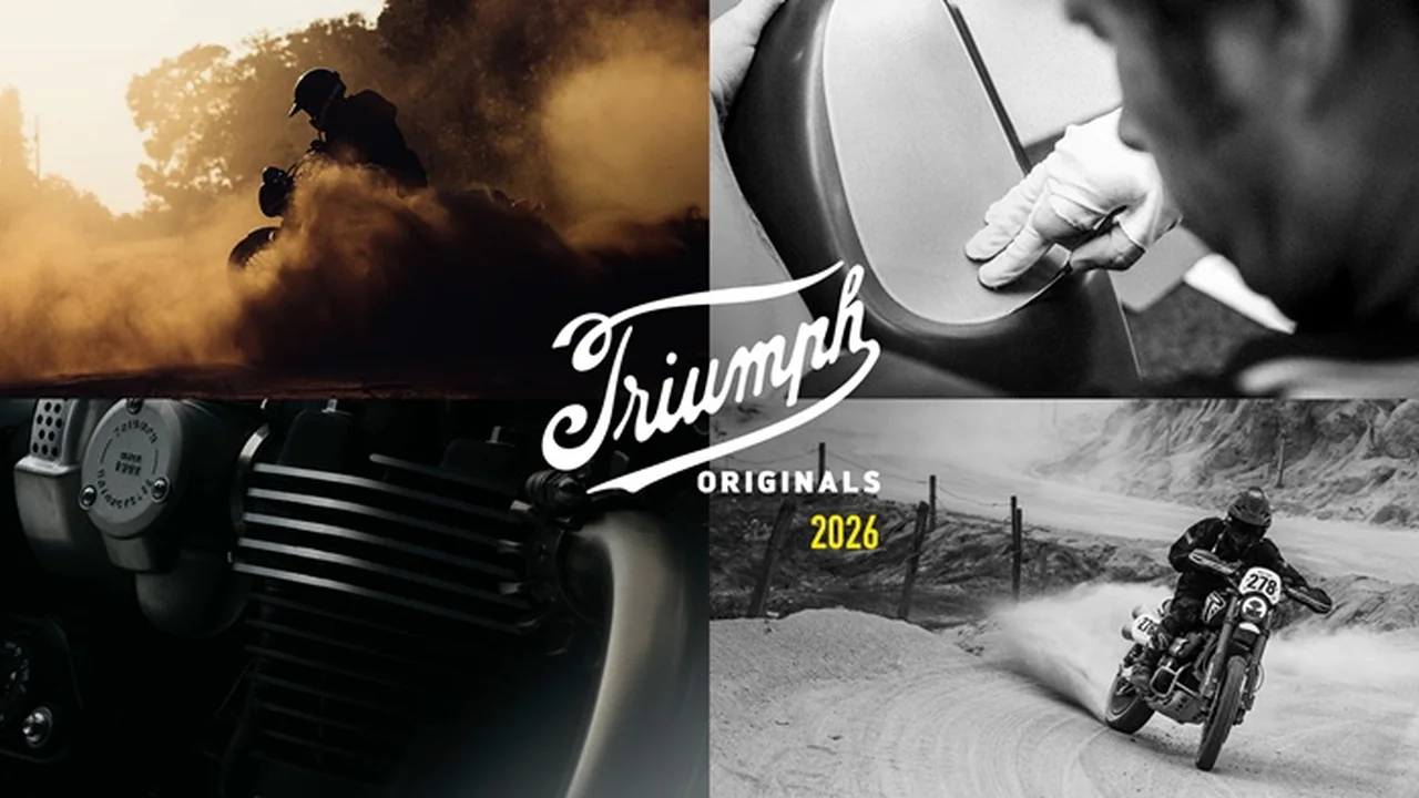 Triumph Originals 2026: collage de motos Scrambler en tierra y detalles de taller SPEED TWIN